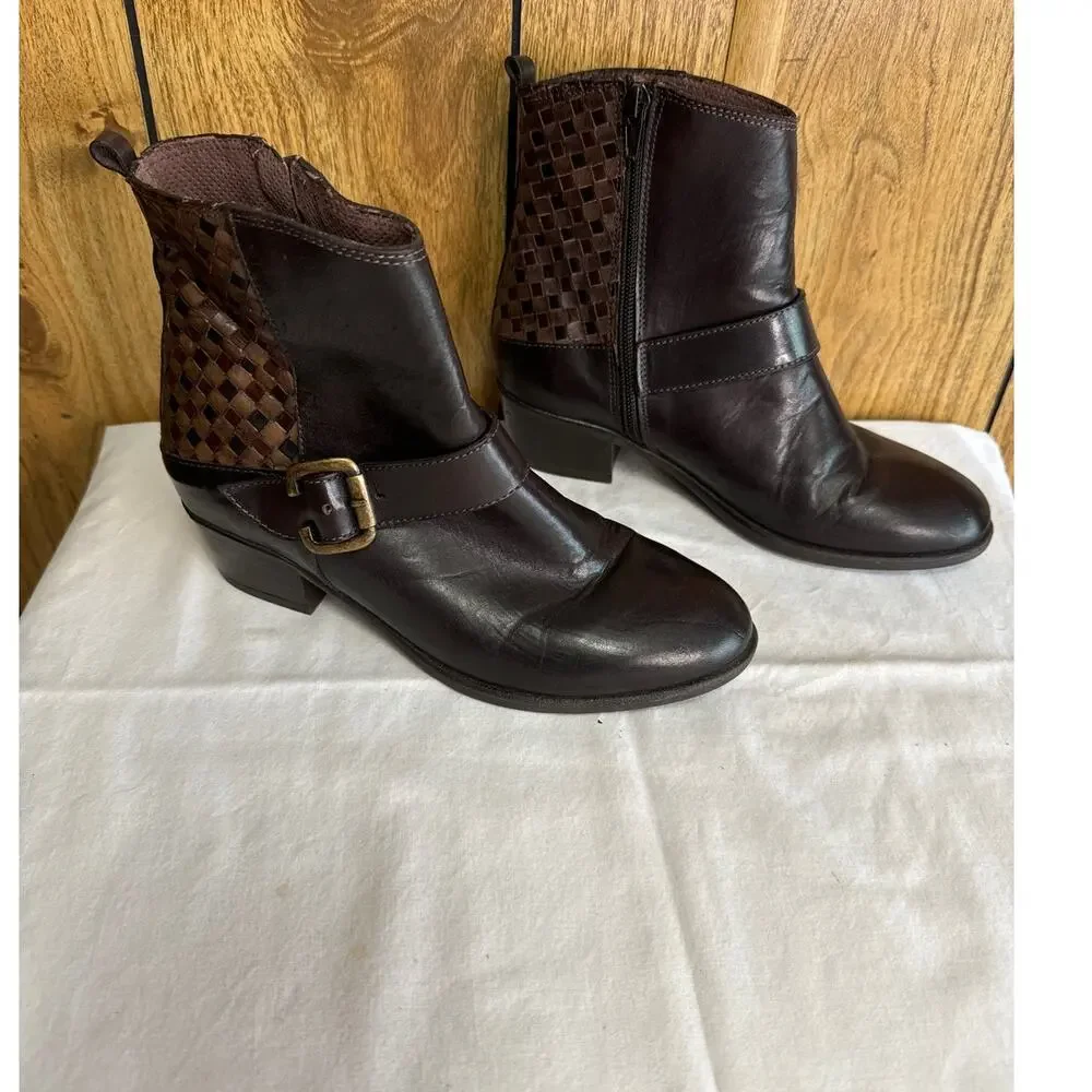 Sesto Meucci Leather Woven Side Zip Ankle Boots Western Ranch Brown 6.5